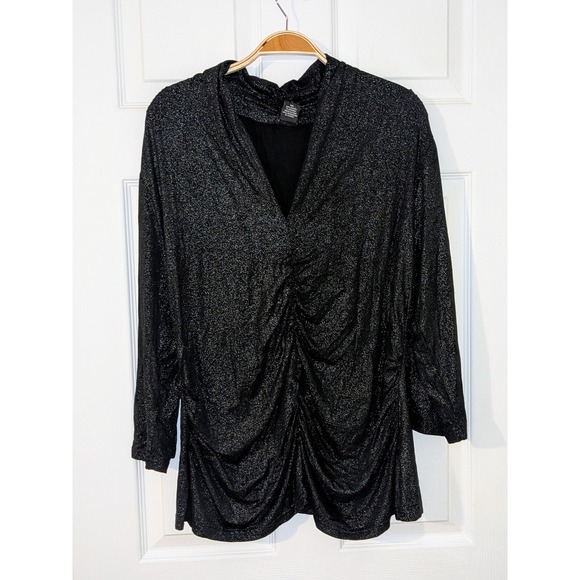 Rafaella Sparkle Knit Top Ruched V‎ Neck Silver Long Sleeve Blouse XXL 1X NEW - Picture 1 of 9